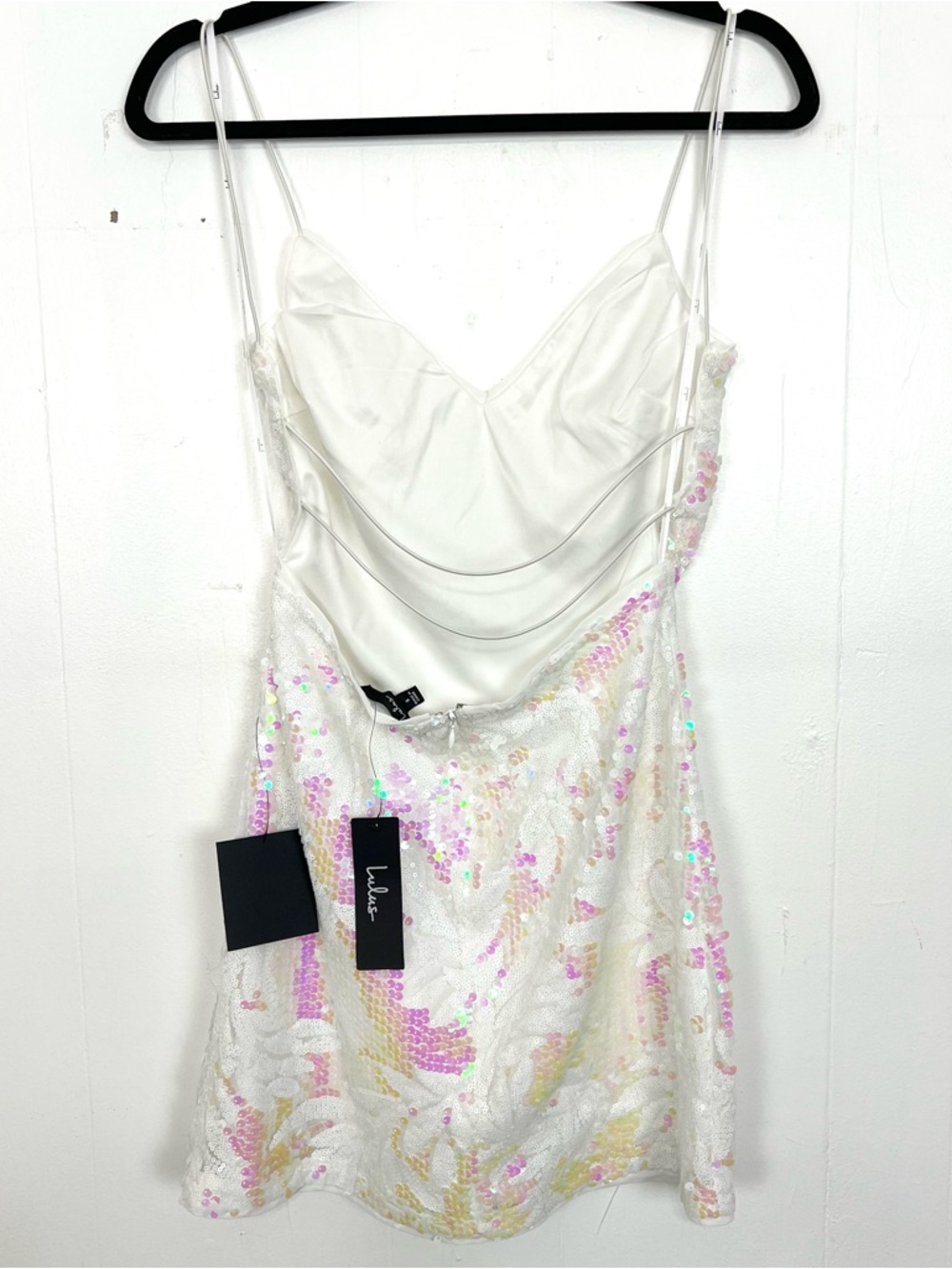 NWT Lulu's Sequin Mini Dress Backless Strappy Party Iridescent White Size Small - Picture 6 of 10